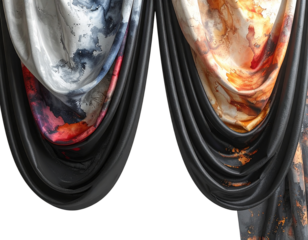 Luxurious draped fabric with vibrant abstract floral patterns on black background