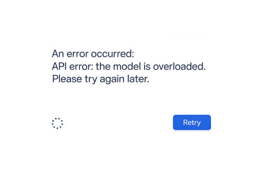 Computer screen showing an api error message overloaded isolated on transparent background