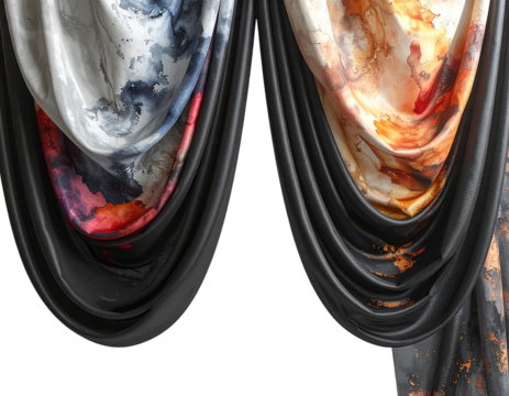 Luxurious draped fabric with vibrant abstract floral patterns on black background