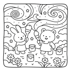 Fototapeta premium Whimsical Nighttime Art Scene with Forest Friends Creating Colorful Swirls