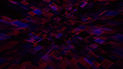 Futuristic data stream background with overlapping translucent red and blue rectangle pixel shapes moving through a digital space with neon glow effect. Abstract modern technology animation. 4K 60fps - Powered by Adobe