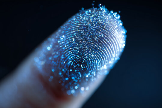 Macro fingerprint with spark-like dots. Advanced biometric scan. High-precision fintech security and digital identity.