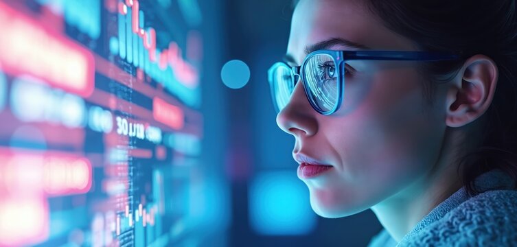 Woman in glasses watches data analytics charts. She analyzes business data in tech environment. Concept of cyberspace coding future tech and AI innovation.