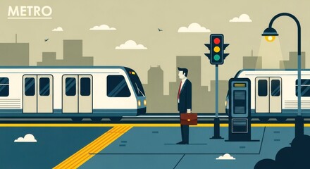 Businessman waiting at metro station with trains in urban setting