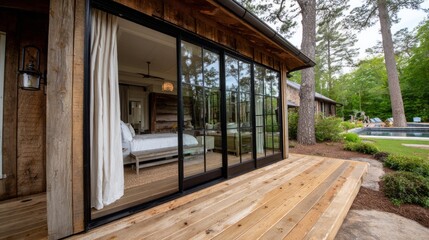 A spacious glass door with a black frame leads from a beautifully designed interior to a peaceful outdoor area surrounded by trees. The setting is inviting and relaxing
