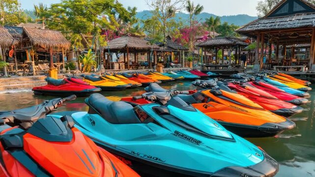 Colorful jet skis line a tranquil dock, amidst tropical buildings and lush greenery