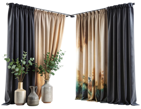 Elegant drapes framing a serene vignette with vases and greenery