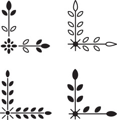 Floral corner ornament vector set with decorative leaf branches and botanical corner elements in elegant outline and silhouette style