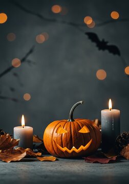 Muted Halloween atmosphere with subtle eerie elements on a textured gray background. Festive and mysterious seasonal decor for an elegant autumn event ,gray ,bat ,elegant