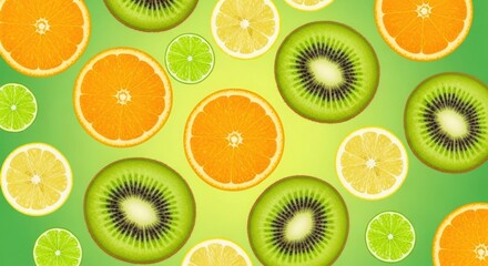 Colorful assortment of sliced citrus and kiwi fruits on green