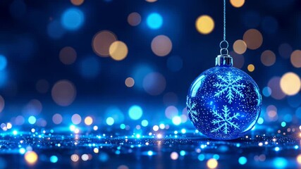 Christmas blue ball with glowing snowflake ornaments hanging over a glittering, festive background