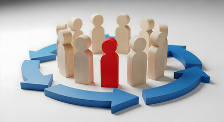Wooden figures surrounded by blue arrows with one red figure standing out symbolizing leadership teamwork and the importance of standing out in a circular process
