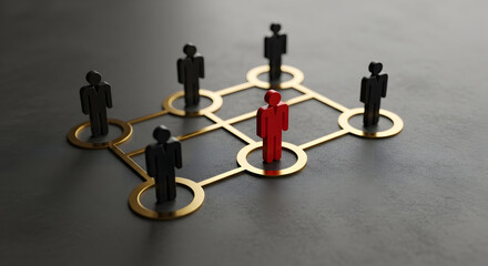 Network concept showing a red figure connected to black figures with golden lines and circles representing leadership teamwork and connection in business and social media contexts