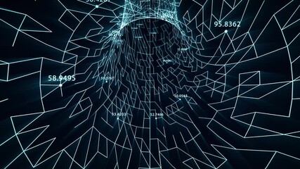 Seamless loop background with digital tunnel made of glowing blue grid and floating numeric data. Neon lines wormhole with coordinates resembling big data processing and computer technology. 4K 60fps - Powered by Adobe
