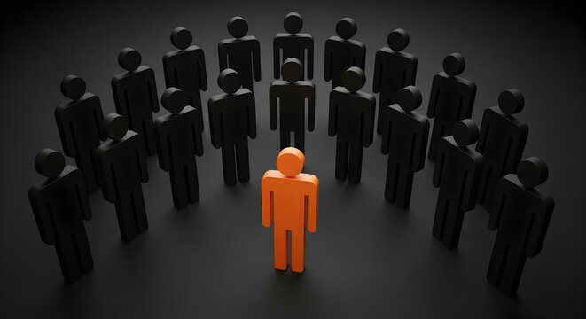 Orange figure stands out among black figures symbolizing leadership individuality and standing out from the crowd in a dark setting highlighting uniqueness and distinction