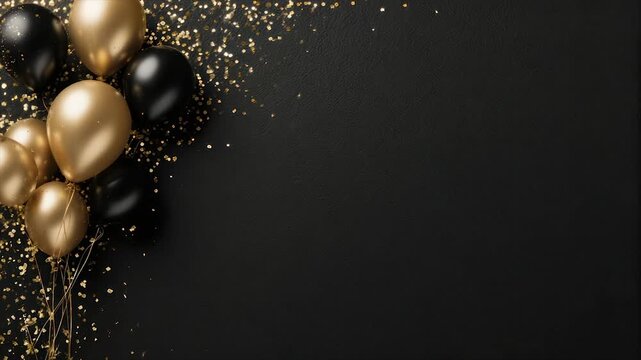 Black textured background with gold and black balloons, confetti for celebration