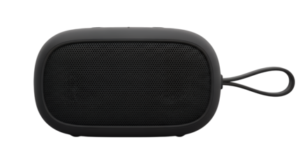 Compact black wireless portable speaker for modern mobile audio, a durable and sleek device offering sound on the go, isolated on transparent background