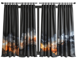 Dark grey curtains with a cityscape at sunset printed on the bottom portion