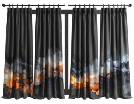Dark grey curtains with a cityscape at sunset printed on the bottom portion