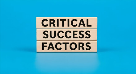 Critical success factors are displayed on wooden blocks against a vibrant blue background emphasizing key elements for business strategy and project management essential for achieving goals