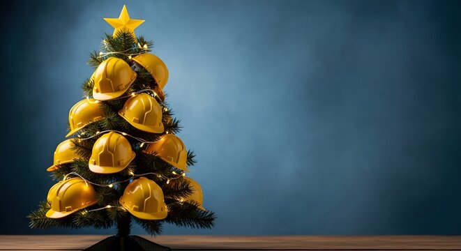 Christmas tree decorated with yellow hard hats and star