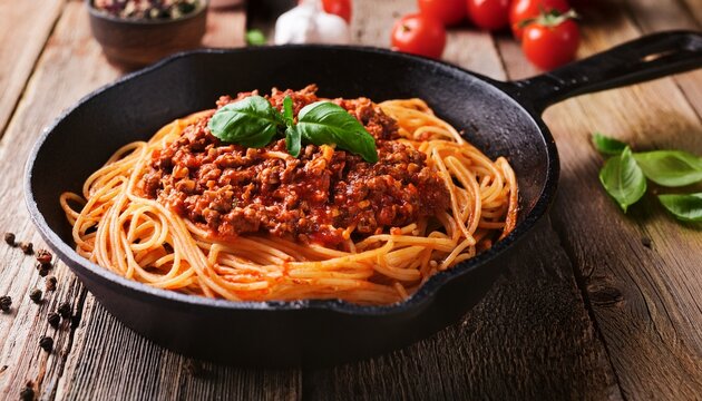 delicious spaghetti bolognese served in black skillet on rustic table