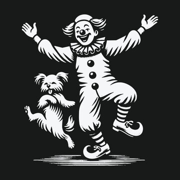 Vintage black and white illustration of a happy clown dancing with a dog.