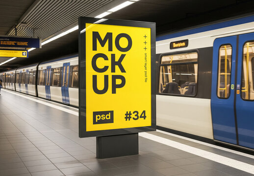 Vertical Billboard Mockup in Metro Station with Passing Train. PSD Smart Layer