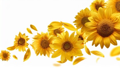 sunflower petals floating in the wind on an isolated background