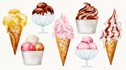 Watercolor ice cream set with chocolate, vanilla, and strawberry in a cute summer dessert illustration.
