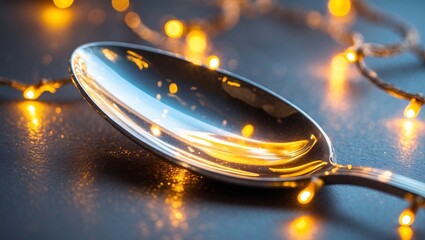 Obraz premium Spoon and Lights Silverware, Reflection, Festive Holiday Scene