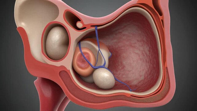 Anatomical illustration showing a cross-section of the human middle and inner ear structures, including the ossicles and cochlea.