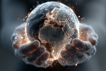 3D holographic Earth floating above two open human hands, digital circuits and data streams wrapping the globe, luminous particles, global AI network theme, cinematic lighting