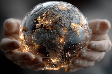 3D holographic Earth floating above two open human hands, digital circuits and data streams wrapping the globe, luminous particles, global AI network theme, cinematic lighting