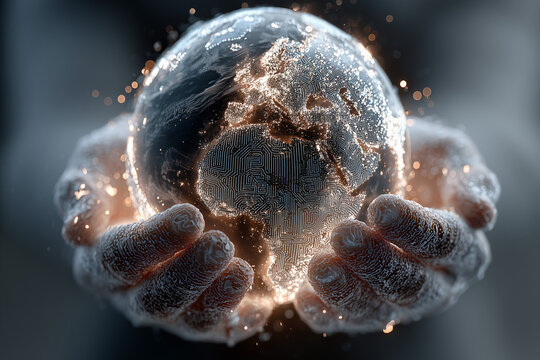 3D holographic Earth floating above two open human hands, digital circuits and data streams wrapping the globe, luminous particles, global AI network theme, cinematic lighting
