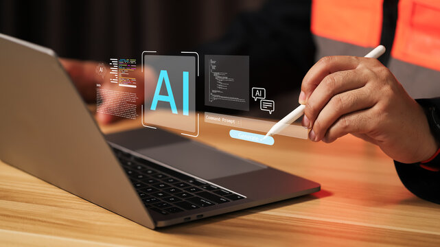 Industrial technology concept showing engineer using digital pen and laptop with AI interface. Smart manufacturing, automation, and artificial intelligence innovation for modern industry background. - Powered by Adobe