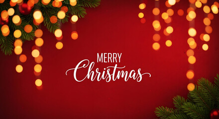 Festive merry christmas greeting with bokeh lights and pine branches