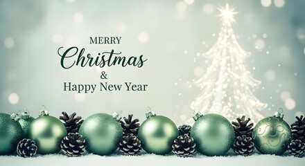 Festive christmas tree and ornaments with merry christmas greeting