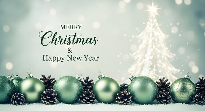 Festive christmas tree and ornaments with merry christmas greeting