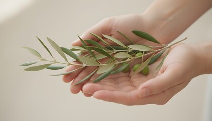 Two hands gently holding an olive branch against a neutral background, symbolizing peace, solidarity, and hope. Ideal for social campaigns, editorial or abstract stock photography.