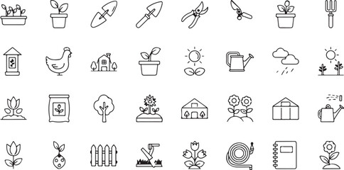 Garden Tools and Gardening Icons Simple Outline Style Set Vector