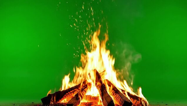 Dynamic campfire flames dance with rising smoke against a vibrant green screen backdrop perfect for compositing and visual effects