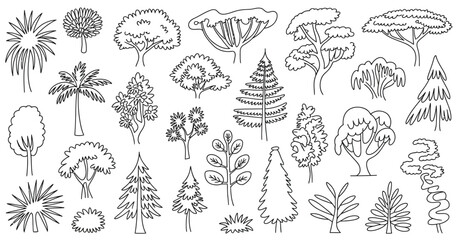Minimal style cad tree line drawing set featuring side view outline symbols, perfect for landscape and architectural design, vector graphics,