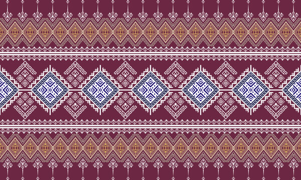 Seamless ethnic geometric pattern background. Traditional Thai silk or Hmong embroidery style. Dark purple and white ikat texture. Abstract tribal diamond ornament for textile, sarong fabric design