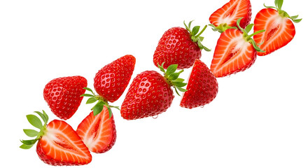 falling strawberries isolated on white background .PNG high quality file.