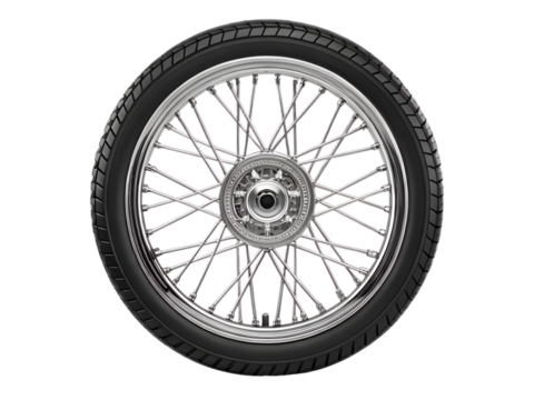 Motorcycle wheel with spokes and tire isolated on transparent background