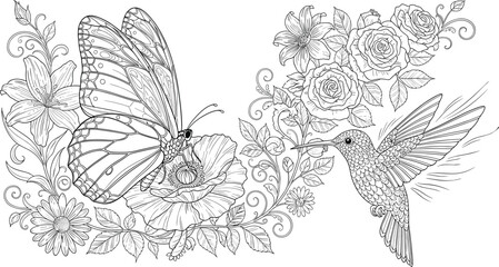 PrintElegant butterfly and hummingbird illustration with detailed flowers, nature line art composition for coloring books, botanical design, intricate floral artwork, decorative beauty
