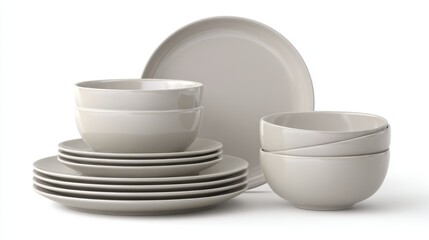 Ceramic plate bowl and glass set isolated on white background, For illustrations