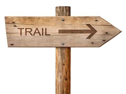 Trail sign made of wood isolated on transparent background for hiking path