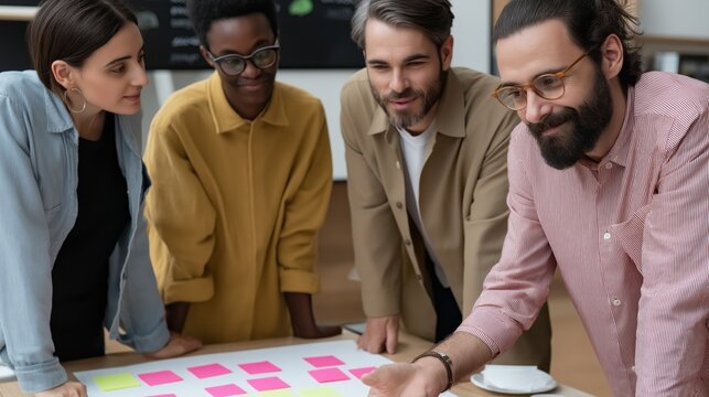 In a bright office space, four business people engage in a brainstorming session using colorful sticky notes